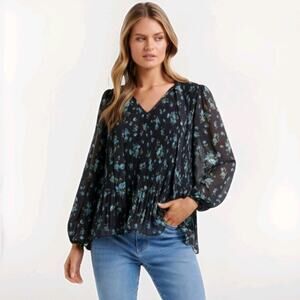 MNG Mango Womens 6 Pleated Floral Blouse Relaxed Necktie Black Cottage Romantic